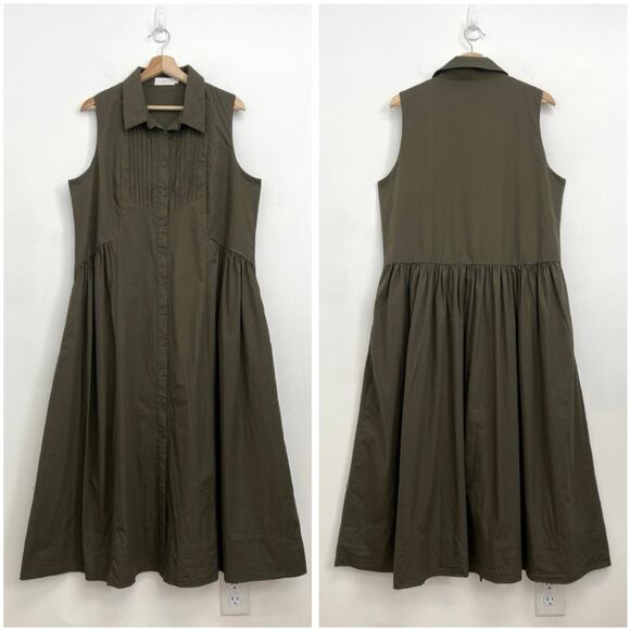 MAYE Corinne Shirtdress Poplin Cotton Relaxed A-Line Midi Dress Khaki - Large - Picture 13 of 13